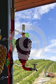 glass carafe with white and red wine in the shape of a grape and vineyard background