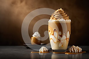 A glass of caramel coffee with whipped cream