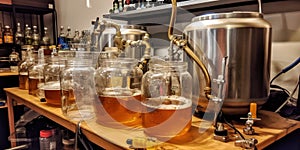 A glass carboy full of fermenting beer, surrounded by brewing equipment , concept of Brewing process, created with