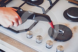 Glass ceramic stove cleaning with a steam cleaner, house disinfe