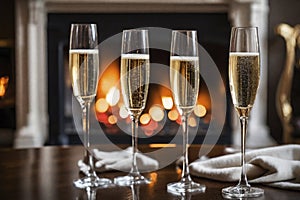 Glass of champagne on the background of a burning fireplace, AI Generated