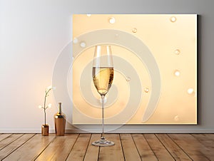 Glass of champagne banner with lights and copy space for text. New year\'s eve celebration with champagne