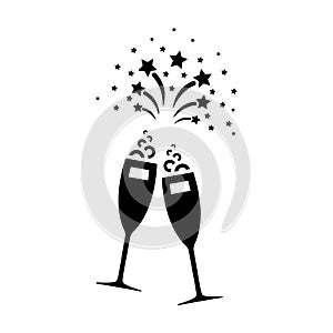 Glass of champagne black icon. Sparkling wine celebration pictogram.