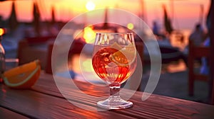 glass of champagne in hand on evening pink sunset summer beach restaurant beach , romantic couple silhouette