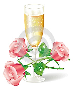 Glass of champagne with pink roses photo