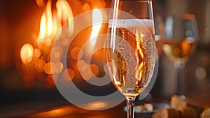 A glass of champagne resting on a wooden table. Champagne Glass on Table