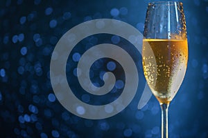 A glass of champagne on the right side of the frame on a blue blurred background