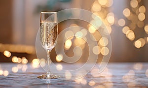 A glass of champagne is sitting on a table with a blurry background