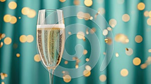 A glass of champagne is sitting on a table in front of gold foil, AI