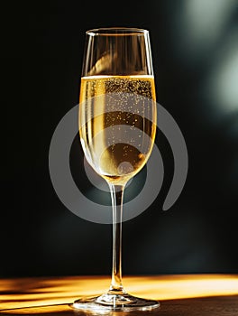 A glass of champagne is sitting on a table