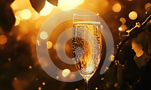 A glass of champagne is sitting on a table