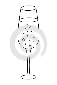 A glass of champagne. Sketch. Vector illustration. Crystal bowl with sparkling wine. Magic bubbles. Coloring book for children.