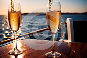 Glass of champagne on yacht in ocean, luxury lifestyle holiday travel