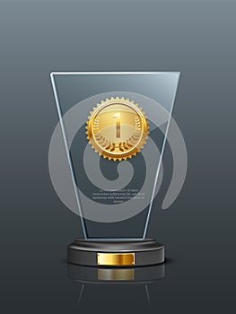Glass champion award realistic vector illustration. Crystal prize with blank golden medals 3D isolated clipart on gray