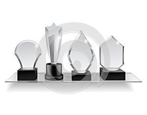 Glass champion prizes on shelf. Realistic different award on shelving, winner trophy shiny acrylic awards various forms
