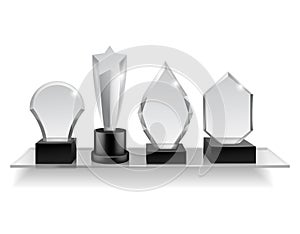 Glass champion prizes on shelf. Realistic different award on shelving, winner trophy shiny acrylic awards various forms, blank