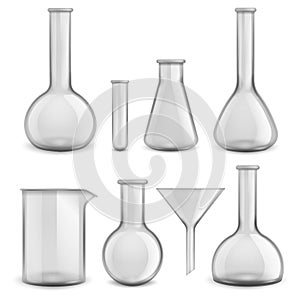 Glass chemical equipment. Realistic test tubes. 3D transparent laboratory instruments set. Scientific measuring