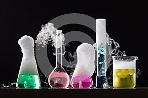 Glass in a chemical laboratory filled with colored liquid during