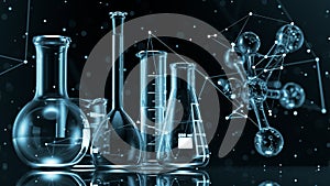Glass chemistry lab equipment on black background. Chemistry Lab concept. 3d