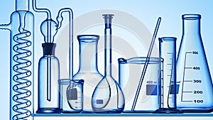 Glass chemistry lab equipment on blue background. Chemistry Lab concept. 3d