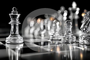 Glass Chess Pieces on a Checkered Board