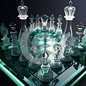 glass chess pieces on a dark background. 3d render illustration.