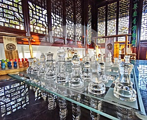 Glass chess set at the Board Games room at the Lan Yuan Chinese Gardens in Dunedin, New Zealand