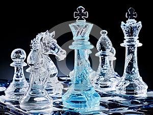 A glass chess set with a horse and knight on it, AI