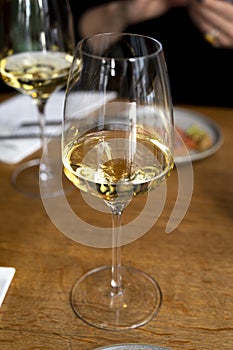 Glass of Chilean Chardonnay Viognier white wine served in restaurant