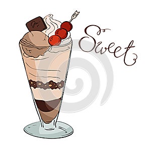 Glass with chocolate and cherry parfait or ice cream. Vector ink sketch.