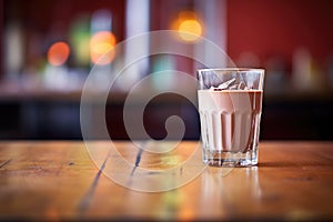 glass of chocolate milkshake with a backlit glow on a table