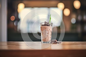 glass of chocolate milkshake with a backlit glow on a table
