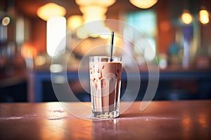 glass of chocolate milkshake with a backlit glow on a table