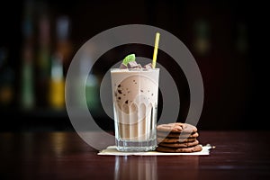 glass of chocolate milkshake with a bite out of cookie on the rim