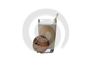 Glass of chocolate milkshake and cookie isolated on white background