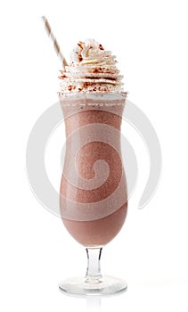 Glass of chocolate milkshake with whipped cream isolated on whit