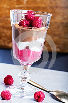 Glass of chocolate and rapsberry dessert