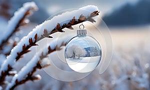 Glass Christmas ball on a snow-covered tree branch. Snowy field, forest.