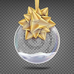 Glass Christmas Ball Vector. Realistic Sphere. Shiny Xmas Tree Toy With Snowflake And Golden Bow. On