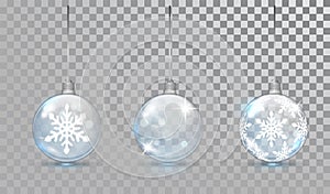 Glass Christmas balls set with snowflake pattern on a transparent background. New Year bauble for design. Christmas photo