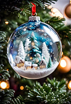 glass christmas ornament hanging on a tree with a magical winter scene with snowflakes falling in a snow covered village and