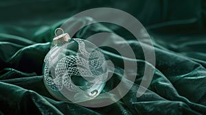 Glass Christmas ornament with silver dragon design on green satin fabric