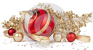 Glass Christmas ornaments, gold branches on white