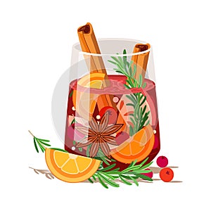 Glass of christmas punch with cinnamon, orange, rosemary, apple, cranberry and ale isolated on white background. Holiday winter