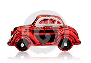 glass christmas tree toy, red retro car, isolated
