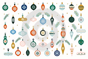 Glass Christmas tree toys. Set of hanging Christmas baubles isolated on white background. Decorative design elements in flat style