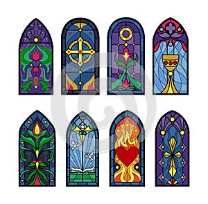 Glass church windows, religious icons. Catholic christmas frames, medieval cross art, chapel monastery interior. Bright