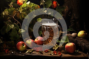 Glass of Cider with apple on wooden table