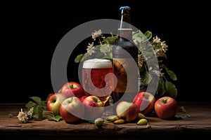 Glass of Cider with apple on wooden table