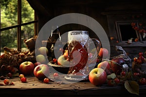 Glass of Cider with apple on wooden table with window on background.